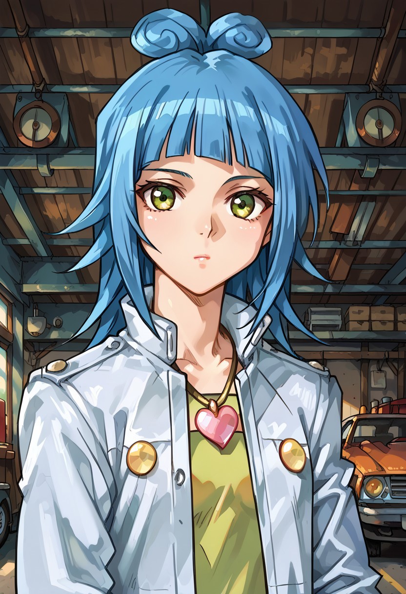 score_8, score_8_up, score_7_up, 1girl, female focus, solo, Misaki_2011, 1girl, blue hair, hair bun, long hair, green eyes, pendant, heart pendant, green shirt, jacket, white jacket, open jacket, upper body, garage, looking at viewer, expressionless,
