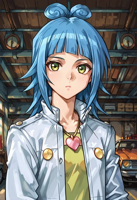 score_8, score_8_up, score_7_up, 1girl, female focus, solo, Misaki_2011, 1girl, blue hair, hair bun, long hair, green eyes, pendant, heart pendant, green shirt, jacket, white jacket, open jacket, upper body, garage, looking at viewer, expressionless,