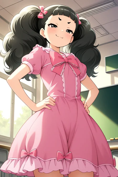 masterpiece, best quality, amazing quality, absurdres, solo, matsukiakino, smug, smile, hands on hip, black hair, pink dress, indoors, classroom, window, chalkboard