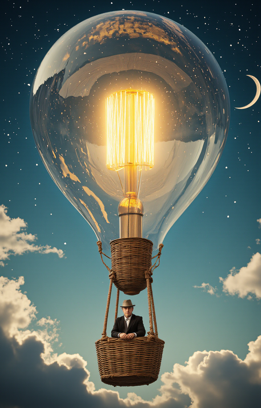 surreal digital artwork featuring a hot air balloon with a glowing light bulb as its base. The balloon is large and spherical, made entirely of glass, with a golden filament inside that illuminates brightly, casting a warm, yellow glow. The balloon is tethered to a small wicker basket hanging beneath it. Inside the basket, a single person is seated, wearing a dark suit and hat, with a serious expression. The person's hands are on the controls, guiding the balloon.
The background is a whimsical night sky filled with stars and a crescent moon, painted in shades of deep blue and indigo. The stars are small, scattered dots, adding to the dreamy atmosphere. The sky is dotted with fluffy, white clouds that blend seamlessly with the background, creating a sense of floating. The entire scene is highly detailed, with realistic textures on the balloon, basket, and the person's attire, contrasting with the surreal, fantastical elements. The artwork combines elements of science and fantasy, blending the real-world technology of a light bulb with the whimsical, dreamlike atmosphere of a hot air balloon ride., <lora:aidmaImageUpraderv0.3:0.4>, aidmaimageupgrader, <lora:diffusion_pytorch_model:1>, <lora:aidmaMJ6.1_v0.5_3:0.7>, aidmaMJ6.1, ultra quality, ultra detailed, intricate details