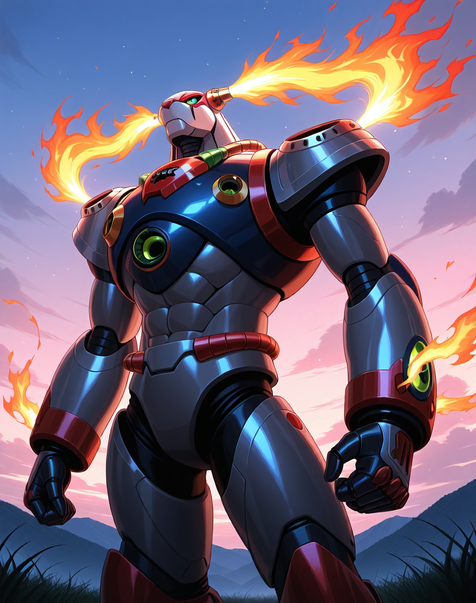 <lora:Flame_Stag_(Mega_Man_X)_(Illustrious)_(AD):1> Flame Stag, reploid, MMX, 
exterior, sky with clouds, grassy valley,
male focus, intense shadows, dynamic shadows, intricate details, attention to details, gradient coloring, bright vivid colors, robot, bent leg, glossy metal body, dynamic action, cowboy shot, abs, 
BREAK very awe, masterpiece, best quality, amazing quality, very aesthetic, highres, absurdres, photographic realism, 8K CGI render,
EZRealPONYXL, zPDXL, Smooth Quality, lazynsfw,