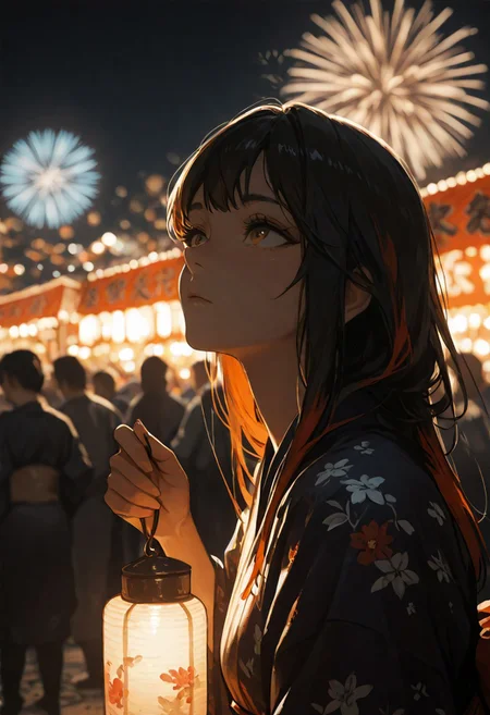 masterpiece, ultra-HD, cinematic lighting, photorealistic, impressionism (1.5), high detail, depth of field, (blurred background), (dramatic lighting),masterpiece, best quality, very aesthetic,8k,anime, masterpiece, best quality, detailed background, 8k, score_9, score_8_up, score_7_up, score_6_up, ((zPDXL3)), ((zPDXLxxx)), ((face focus)), (SuperQuality:1.0) ~ (SuperQuality:1.2), Expressiveh, highres, masterpiece, best quality, amazing quality, klskx, (nsfw, explicit:0.8), (2girls:1.9), multicolored hair, dark hair, long hair, eyebrows, thick eyelashes,
kimono, floral print kimono, dark blue kimono, dancing, holding lantern, outdoors, looking up, night sky, fireworks, festival, crowd, food stalls, warm lighting, stars, summer, (dark shadows:0.9), (high contrast:0.9), volumetric lighting, intricate details, blurry background, depth of field