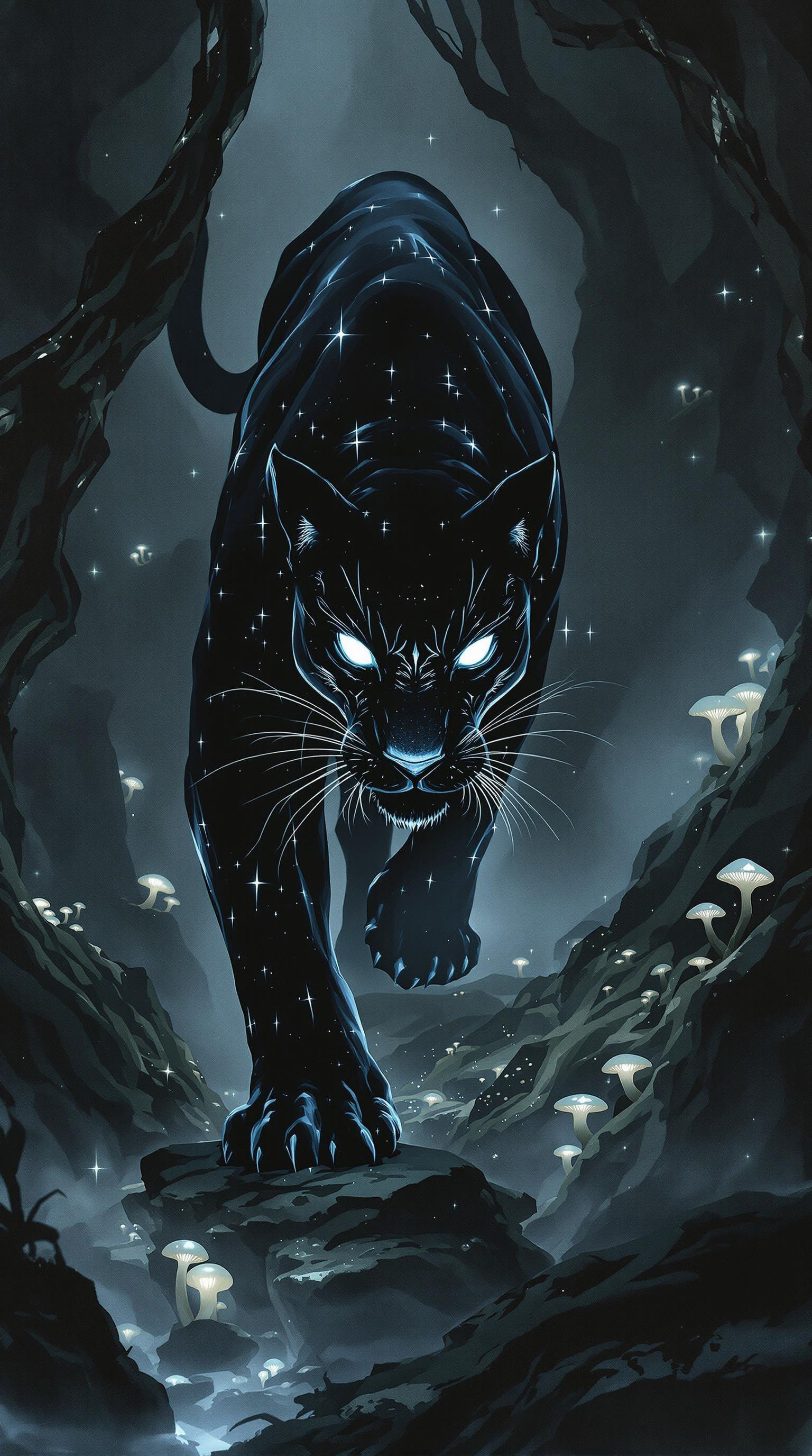 A sleek, midnight-black panther with glowing silver eyes and spectral, misty fur prowls through a highland jungle, half-concealed by the creeping fog. Its form appears to flicker between solid and shadow, giving it an ethereal presence. Bioluminescent fungi glow faintly in the background, illuminating ancient twisted roots and stones. Ink drips and painterly smudges blur the line between the physical and the spectral, making the panther feel like a guardian of unseen realms