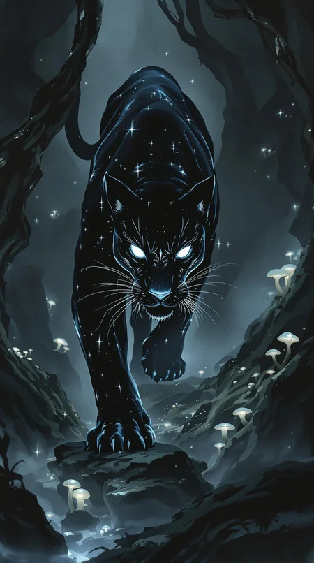 A sleek, midnight-black panther with glowing silver eyes and spectral, misty fur prowls through a highland jungle, half-concealed by the creeping fog. Its form appears to flicker between solid and shadow, giving it an ethereal presence. Bioluminescent fungi glow faintly in the background, illuminating ancient twisted roots and stones. Ink drips and painterly smudges blur the line between the physical and the spectral, making the panther feel like a guardian of unseen realms