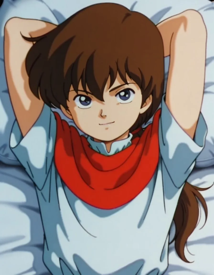 masterpiece, best quality, upper body, 1boy, male focus, solo, lying on bed, on back, seductive smile, arms behind head,
<lora:Robin:1>, robinn, long hair, bangs, brown hair, low ponytail, male focus, retro artstyle, blue eyes, short-sleeves, red scarf,