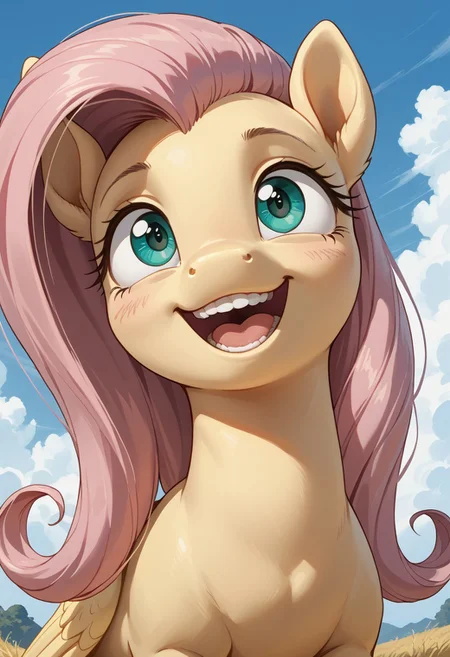 score_9, score_8_up, score_7_up, my little pony, uncanny Fluttershy, a yellow pegasus with yellow wings and teal eyes and pink mane and tail, spaghetti hair, source_feral, outdoors, daylight sky, cloudy, skin folds, bloodshot eyes, scarily laughing with a large open grinning horse mouth, large teeth, neck veins, source_anime, retro anime style, basilwolverton style