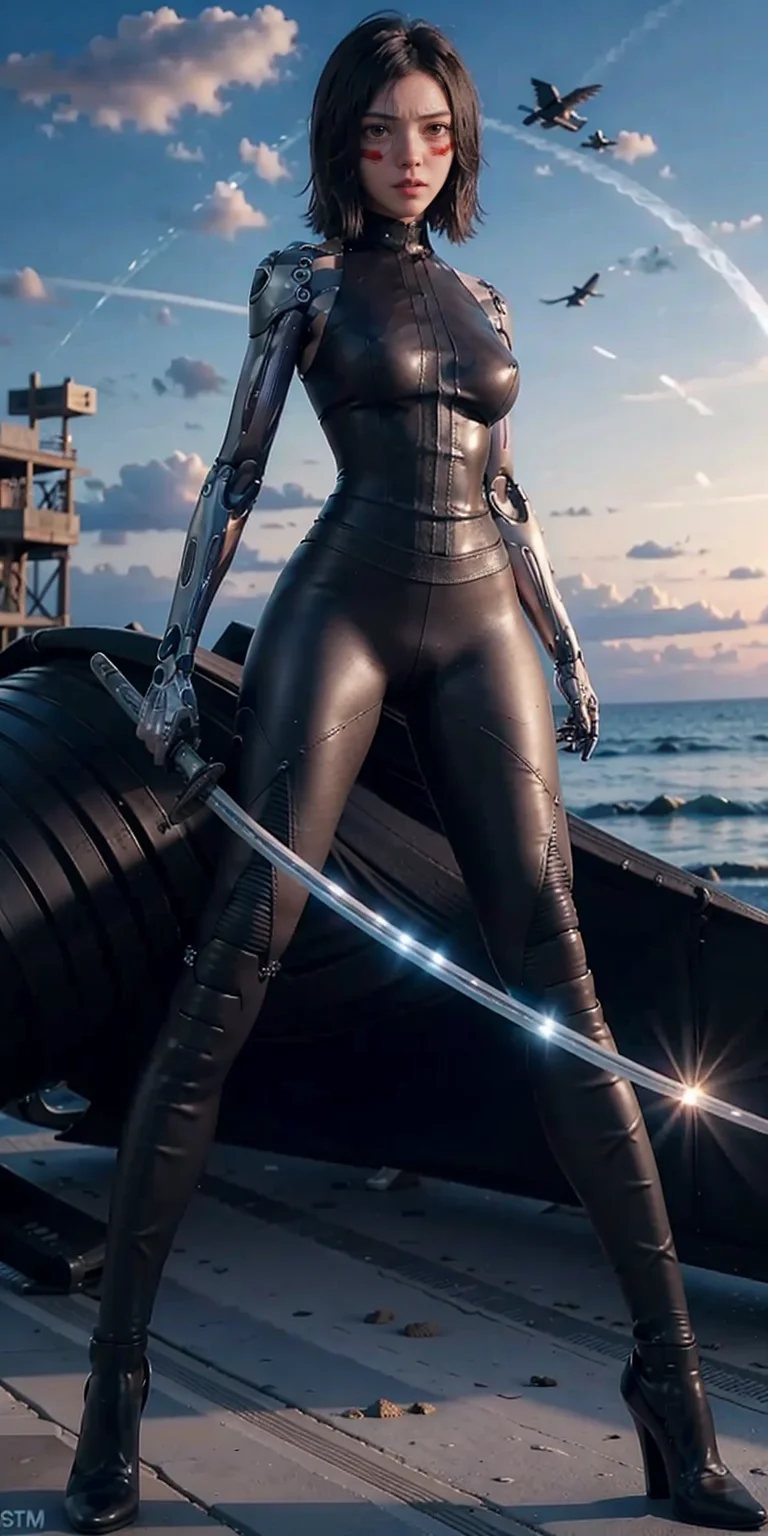 1girl, katana, holding katana, cyborg, bodysuit, full body, stand, big breasts, high heels, outdoor, beach, masterpiece, best quality,8k