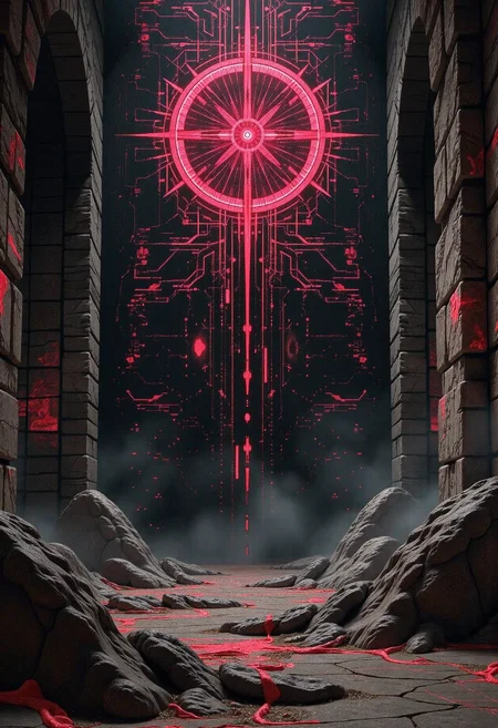 bo-abyss, red-pink glitching scifi illustration of a cyberpunk image made of distorted light, glitched circuitry lines defining abstract shapes forming occult geometries. It is seen on a phase-shifted displayer on a wall at the end of a dark hall inside a tech ruin within a cyber-rituralistic vault construct. The holo-canvas seems to absorb all evil energy it accumulates and manifests a virtual essence displayed in unspeakable shapes and patterns. The setting is a cyber tech ruin, the walls lined with data crystals with circuit-lines and holographic arrays like flickering screens displaying glitching cryptic glyphs. chromatic aberration, anaglyph, screen tearing, displacement glitches, corrupt image data, artifacts, photo taken with a broken microwave on x-ray setting   <lora:flux_digital-abyss>