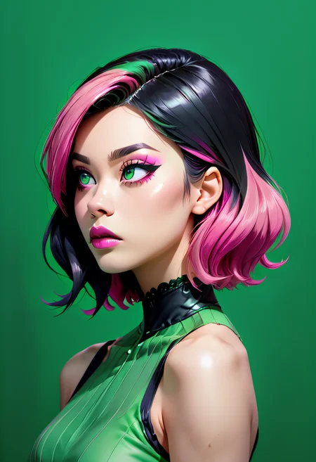 green theme,
N1co, two-tone hair, black hair, pink hair
(upper body, bust shot, looking away:1.1),
green wall, green background
<lora:Nico_Nobody_-_PDXL32:0.8>