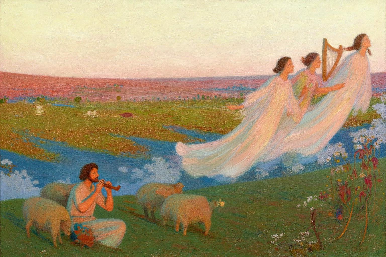 henrimartin1 painting. 
On the left, a shepherd sits on the ground, surrounded by sheep. He is playing a flute. On the right are three women in flowing garments, flying upward. One woman holds a harp in her hands. The landscape has rolling hills and a stream, with a sky in soft pinks and yellows. <lora:henrimartin1_cap_d8a4e12:1.0><lora:851860689168425922:0>
