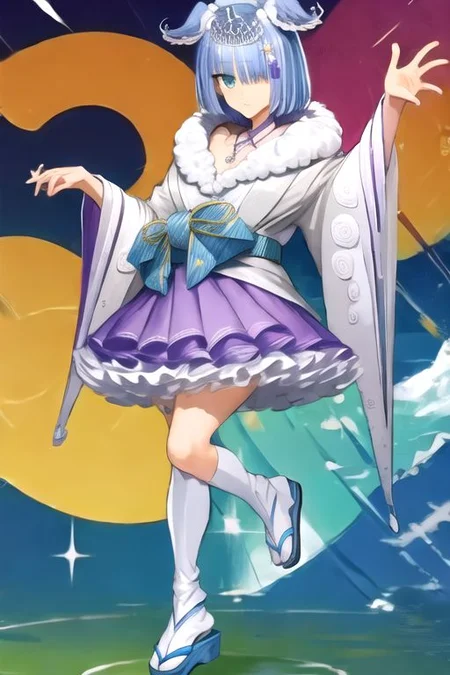 solo, 1girl, solo_focus, (((masterpiece))), ((best quality)), ((ultra-detailed)), high resolution, absurdres, highres, ultra-detailed 8k unity wallpaper,
elira2st, tiara, japanese clothes, grey kimono, wide sleeves, single thighhigh, purple skirt, off shoulder, necklace, fur trim, thigh strap, tabi, sandals, purple nails