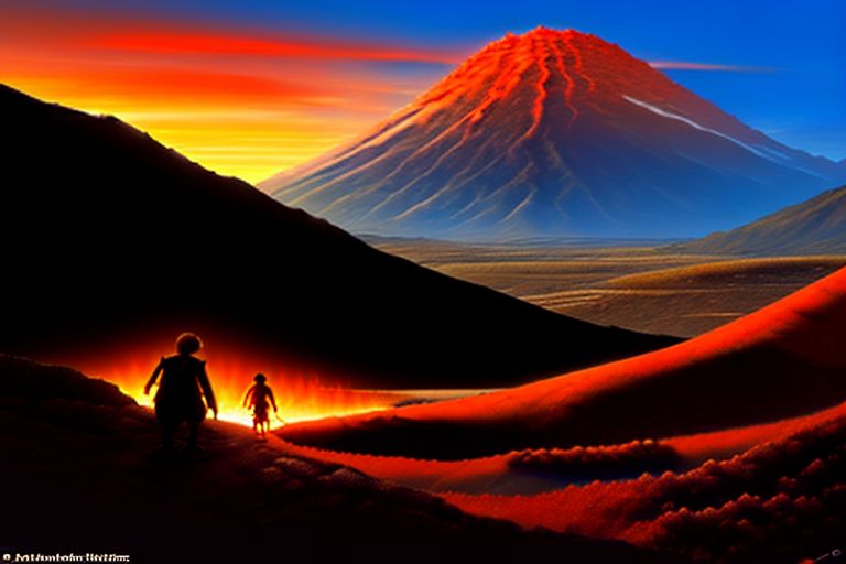 (View from behind:1.5), at night, (two+++ hobbits:1.3) hiking towards a single tall black erupting volcano with extremely steep sides, plateau is a bleak Martian landscape. One hobbit is leaning against the other as they walk