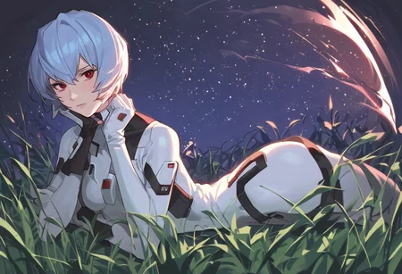 Abbystea style, score_9, score_8_up, score_7_up, (Western Comics), Rei Ayanami, red eyes, sitting on green grass, starry sky, white plugsuit, detailed face, (beautiful night background), seductive, innocent, slim, skinny