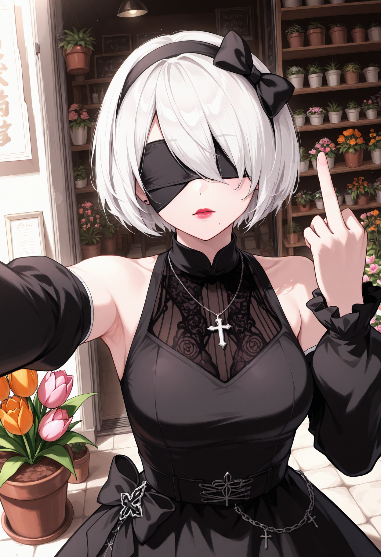 masterpiece, best quality, 1girl, solo, tw0B, mole under mouth, short hair, hair over one eye, white hair, gothic, goth fashion, black dress, frills, lipstick, eyeshadow, makeup, hair bow, jewelry, cross necklace, flower shop, outdoors, storefront, flower pot, potted plant, shelf, tulip, orange flower, pink flower, selfie, outstretched arm, taking picture, black blindfold, black hairband, detached sleeves, bare shoulders, frilled sleeves, reaching towards viewer, upper body, looking at viewer, middle finger