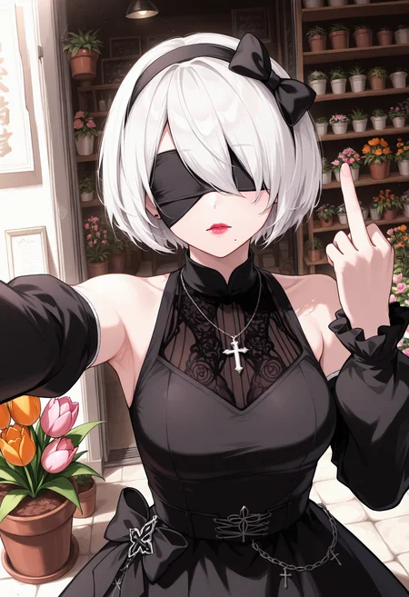 masterpiece, best quality, 1girl, solo, tw0B, mole under mouth, short hair, hair over one eye, white hair, gothic, goth fashion, black dress, frills, lipstick, eyeshadow, makeup, hair bow, jewelry, cross necklace, flower shop, outdoors, storefront, flower pot, potted plant, shelf, tulip, orange flower, pink flower, selfie, outstretched arm, taking picture, black blindfold, black hairband, detached sleeves, bare shoulders, frilled sleeves, reaching towards viewer, upper body, looking at viewer, middle finger