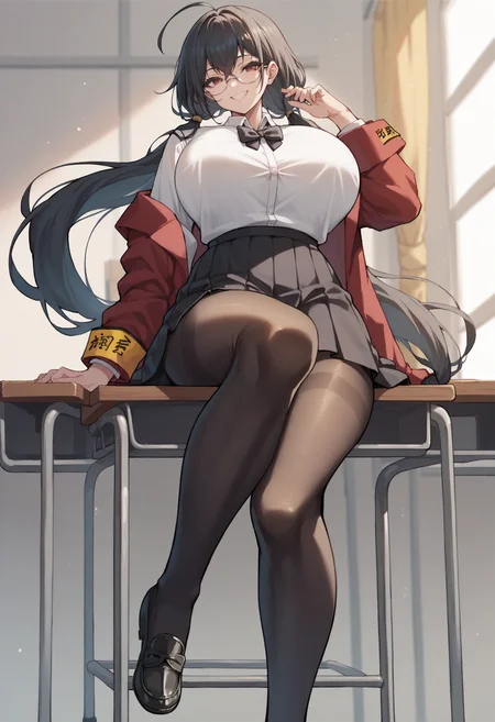 score_9, score_8_up, score_7_up, MLTaiSchool, 1girl, <lora:taihou-fullstack-2:0.9>, white shirt, black skirt, red jacket, yellow armband, low-tied twintails, school uniform, black pantyhose, loafers, glasses, black bowtie, pleated skirt, huge breasts, smile, black hair,