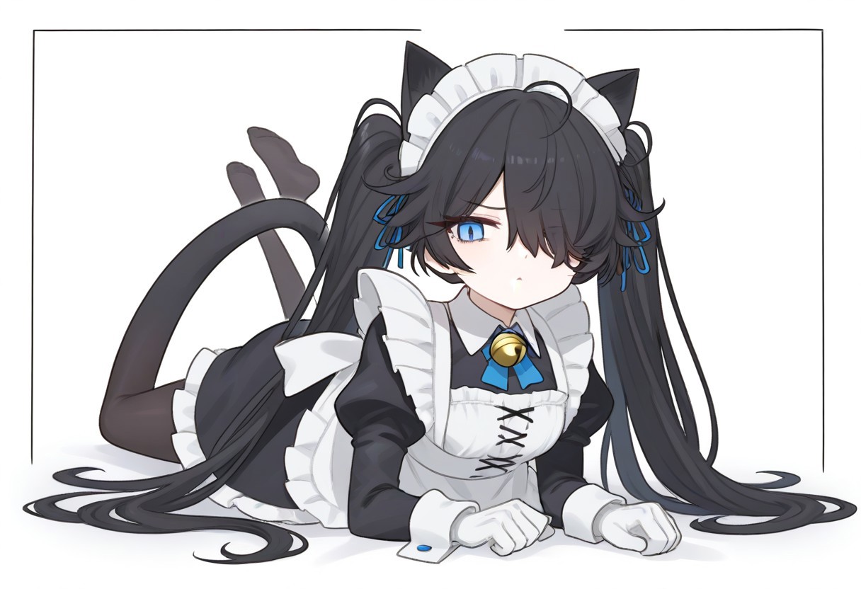 (Maid-kasli), solo, white gloves, dress, hair over one eye, maid apron, blue eyes, twintails, cat ears, maid headdress, maid, gloves, 1girl, apron, juliet sleeves, long sleeves, long hair, black hair, animal ears, bell,(Fall down),