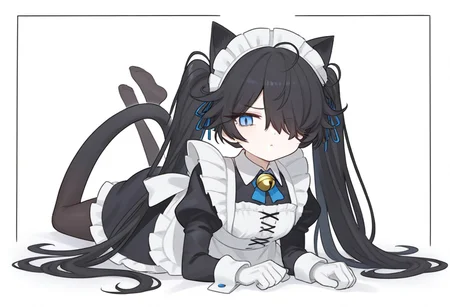 (Maid-kasli), solo, white gloves, dress, hair over one eye, maid apron, blue eyes, twintails, cat ears, maid headdress, maid, gloves, 1girl, apron, juliet sleeves, long sleeves, long hair, black hair, animal ears, bell,(Fall down),