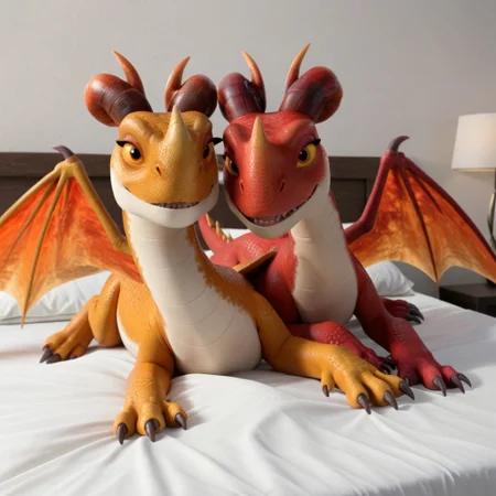 score_9, score_8_up, score_7_up, score_6_up, score_5_up, score_4_up, masterpiece, high quality, realistic, detailed, best quality, white bed, (duo, 2girls), rating_safe, source_furry, bedroom, smiling, seductive, ((looking at viewer, on bed, lying on belly)), feral, BREAK, cinda_rr, dragon, fire fury, orange scales, horns, red wings, tail, claws, orange eyes, yellow sclera, BREAK, laburn_rr, dragon, fire fury, red scales, horns, orange wings, tail, claws, orange eyes, yellow sclera