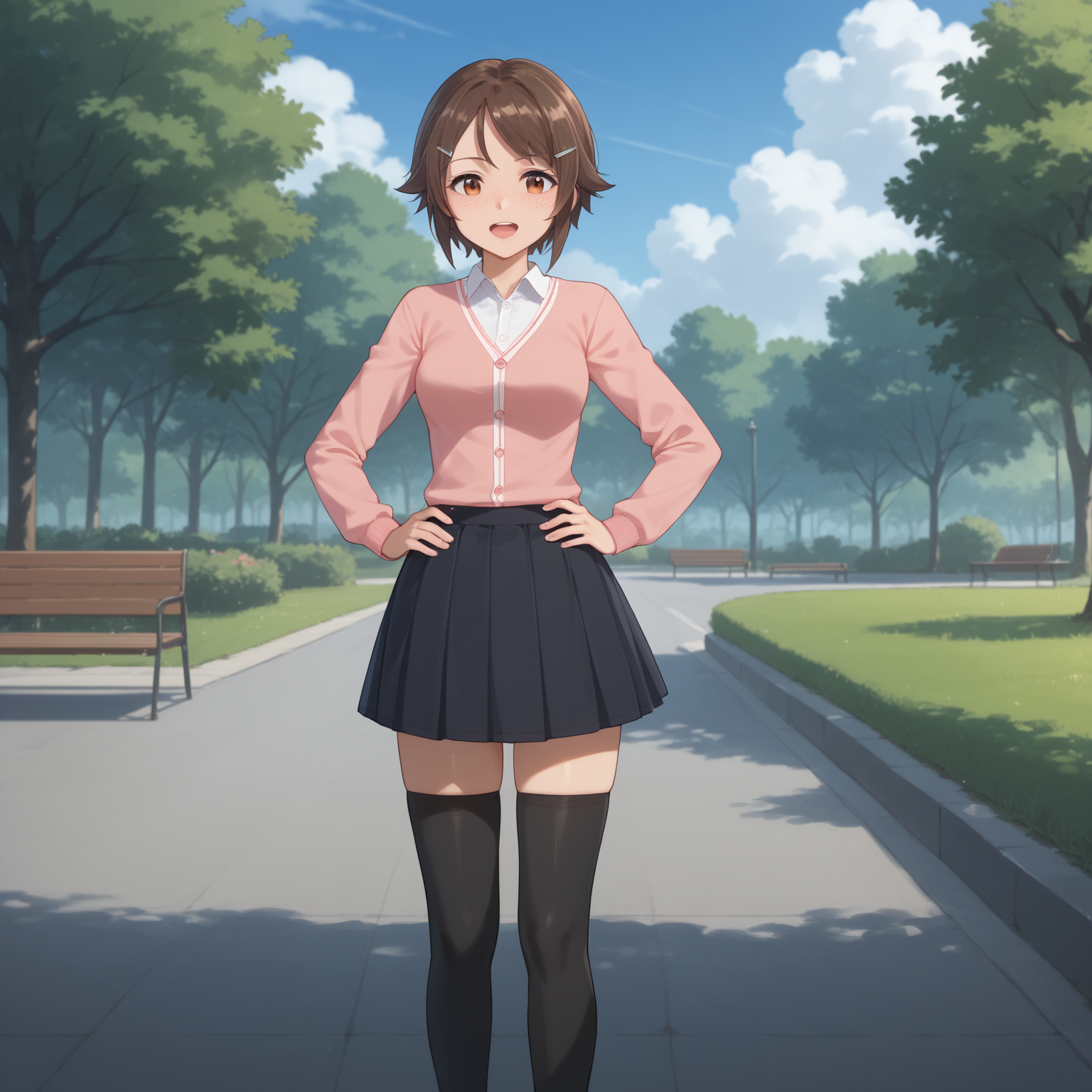 score_9, score_8_up, score_7_up, score_6_up, source anime, 1girl, solo, <lora:Lisbeth-Rika Shinozaki - Sword Art Online-000005:1>, solo, LisShino, short hair, freckles, brown hair, hairclip, medium breasts, pink sweater, white shirt, black skirt, black thighhighs, zettai ryouiki, outdoors, park, hands on own hips, open mouth,