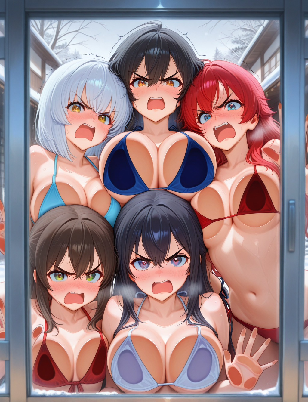 masterpiece,best quality,higres illustration,detailed face,upper body,<lora:multiglass_IL:1.2>,against glass,4girls,5girls,looking at viewer,snow,bikini,scream,trembling,angry,outdoors,heavy breathing,