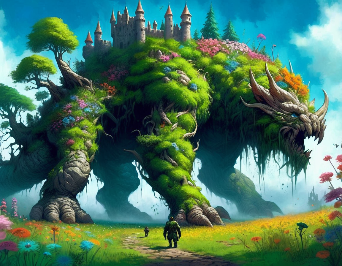 Treeback, creature, giant creature, monster, trees, on back, on fourth, 3d, flower meadow, castle ruins