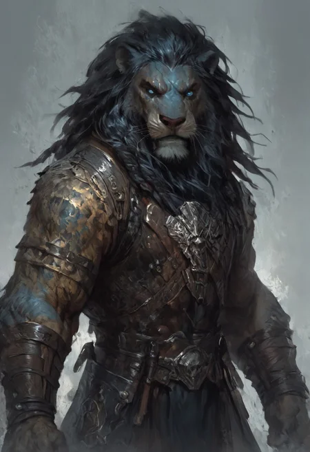score_9, score_8_up, score_7_up, (Scar), (Leonin), (Sabertooth), (werelion), (Lion), simple stormy background, blue glowing eyes, (barbarian), (stormcaller), (infused with energy), (massive), (hulking), male, 1man, solo, (mercenary outfit), (warrior outfit), (leather outfit), (silver outfit), (menacing), wraithful, frenzy, raging, warpaint, (dark blue skin), (runic tatoos), standing up straight, calm face, (dark blue fur), (black hair), (black braids), (dark blue lion mane), (dark blue mane), long hair, closed mouth, cowboy shot, looking at viewer