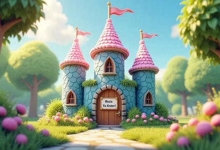 A happy cute, (castle made out of diamonds), (with a sign on the door with text saying ''Buzz To Enter!''), building, architecture, Adorable, heart warming, cheerful, detailed, bright colours, shiny, eco-friendly, garden, spring:1.5, environmental, sunlight, shadows, digital art, whimsical, playful, intricate details, high resolution, photorealistic, joyful atmosphere, gentle, soft lighting, cartoonish style, enchanting, vivid, appealing, imaginative, family-friendly, [photography, realistic, photorealistic, (8k), (highly detailed), cinematic lighting, intricate details, (high resolution), award-winning,   correct focus, realistic, realistic lighting, (highly detailed),  masterpiece], ((Cinematic Still-Shot)), no humans, (countless diamonds),