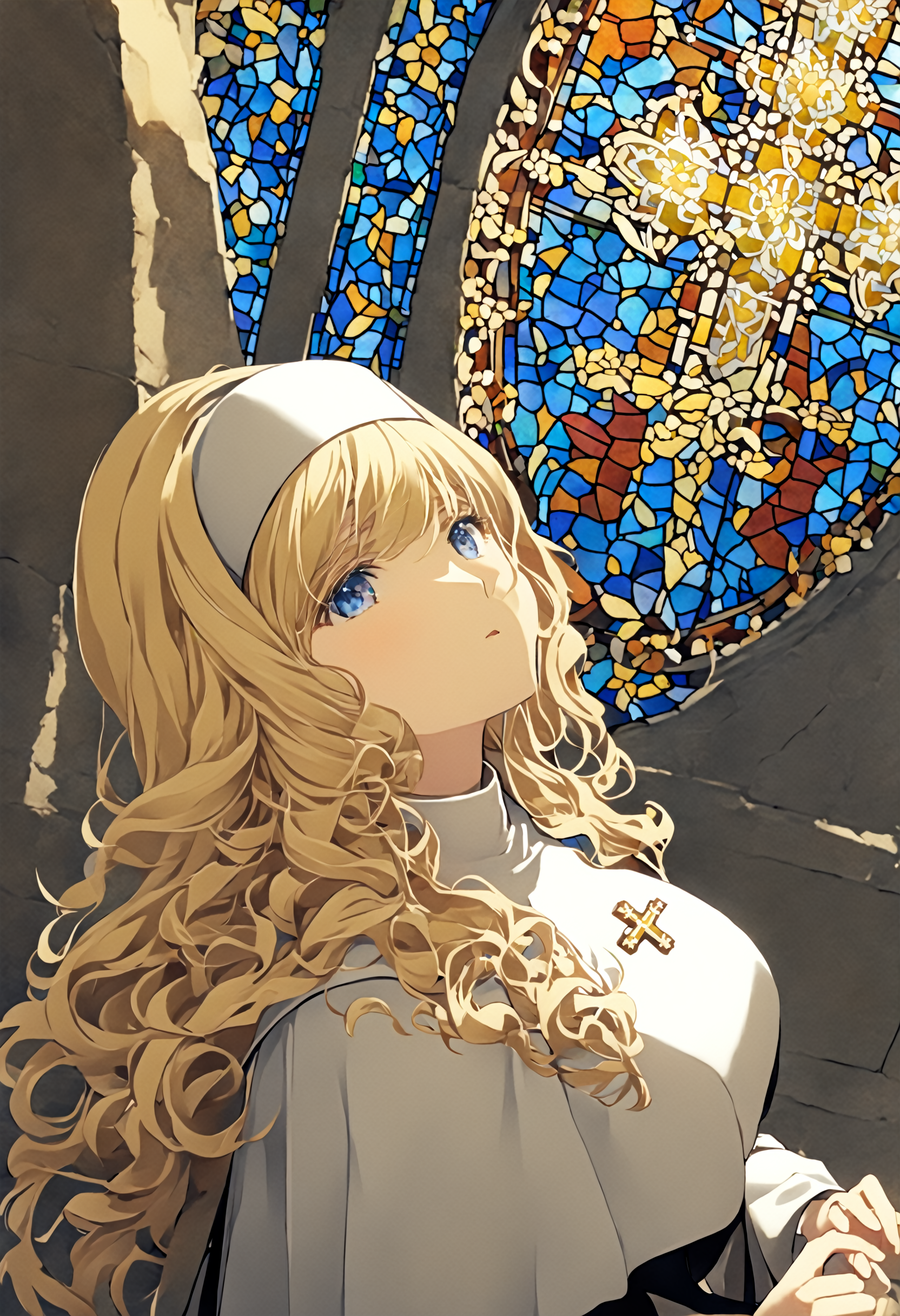 masterpiece, best quality, 4k, 8k, 1girl, (huge breasts:1.0-5), (blonde hair, long hair, wavy hair:1.1-5), blue eyes, kneeling, (looking up:0.9), upper body, from above, church, (nun:1.1-5), (stained glass window:0.9), holy, (cross:0.9), <lora:naughty_to_nice_XL_v1.0:-5>