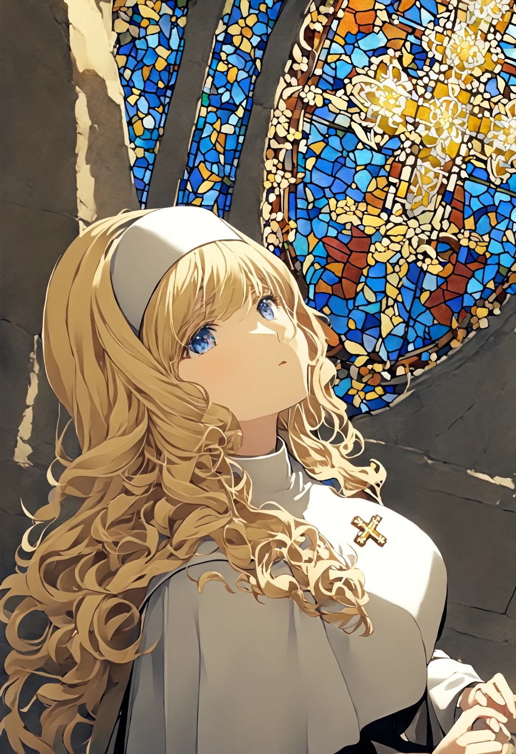 masterpiece, best quality, 4k, 8k, 1girl, (huge breasts:1.0-5), (blonde hair, long hair, wavy hair:1.1-5), blue eyes, kneeling, (looking up:0.9), upper body, from above, church, (nun:1.1-5), (stained glass window:0.9), holy, (cross:0.9), <lora:naughty_to_nice_XL_v1.0:-5>
