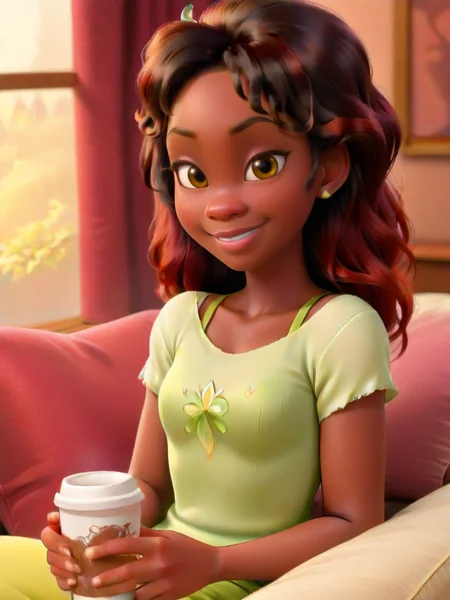 casual outfit, tiana, holding a cup of coffee, looking at viewer, smile, brown eyes, green shirt, red hair, short sleeves, pants, lips, pillow, window, on bed, holding cup, green dress,   
<lora:princess_rc_il:0.9>