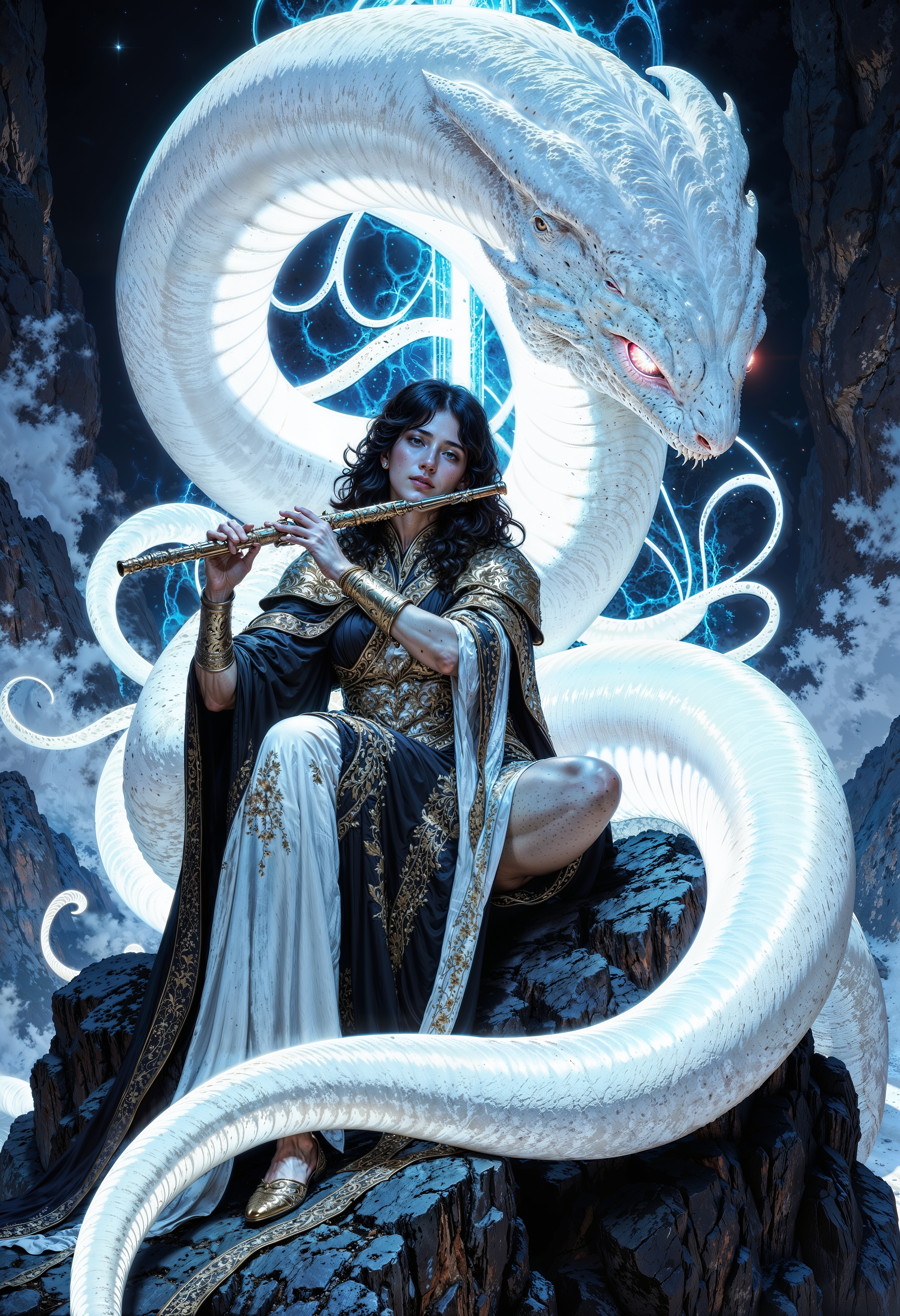 digital fantasy artwork featuring a woman with long black hair and pale skin, sitting amidst a large, white serpent with glowing pink eyes. The woman is wearing a black and white kimono with intricate patterns, and she holds a flute to her lips. The background is a mystical landscape with rocky formations and a soft, ethereal light. The composition is dynamic, with the serpent coiling around the woman, creating a sense of movement and tension. The overall color palette is cool, with shades of white, black, and hints of pink, enhancing the otherworldly atmosphere. (maximum ultra high definition image quality and rendering:3), maximum image detail, maximum realistic render, (((ultra realist style))), realist side lighting, , 8K high definition, realist soft lighting, (amazing special effect:3.5). <lora:FluxMythV2:0.6> <lora:ck-painterly-fantasy:0.6> <lora:flux.1_lora_flyway_Epic-detail_v2:0.5> <lora:RetroAnimeFluxV1:0.7>