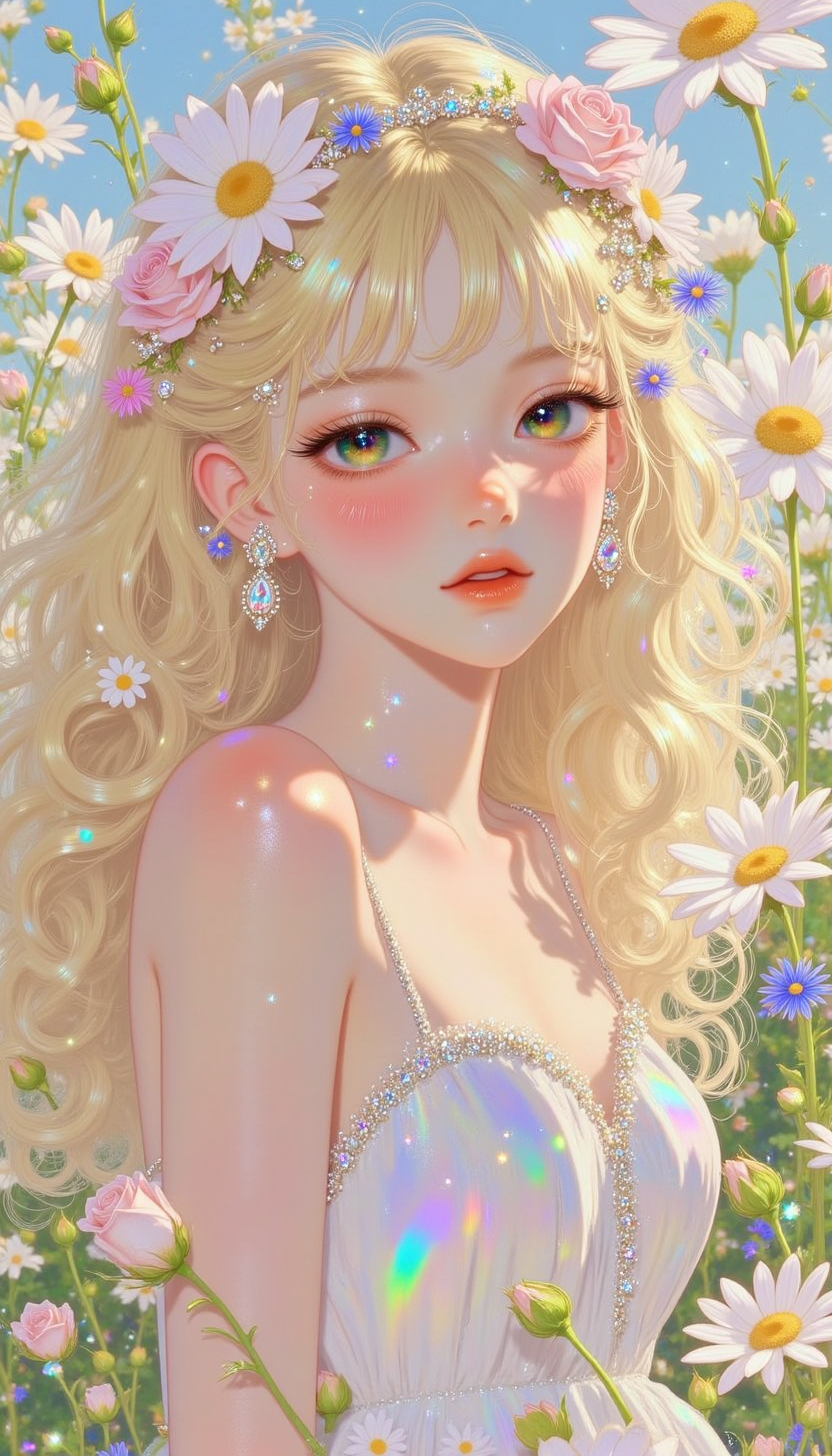 pinkprismaticglow, 

A vibrant portrait of a cheerful woman with sun-kissed skin and sparkling emerald eyes. Her hair is a cascade of soft golden curls, woven with daisies and pastel pink roses. She wears a simple yet elegant white sundress. Behind her, a sunlit meadow stretches out, dotted with colorful wildflowers swaying in the gentle breeze.