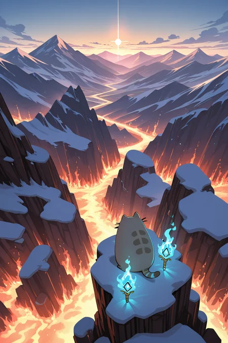 masterpiece, best quality, pusheen, riding a dragon, holding a staff with a glowing crystal, high above mountains, fiery skies ,<lora:PusheenIXL:1.0>,