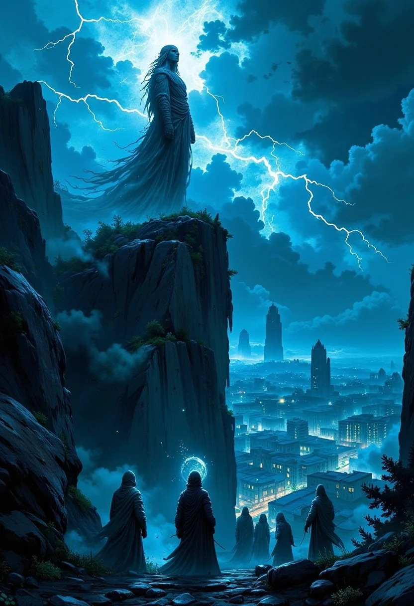 3pic_vist4, Haunting dark fantasy illustration of an ancient, twisted statue standing atop a steep cliff, overseeing a decaying metropolis shrouded in mist. The sky churns with ominous clouds and flashes of lightning, casting stark shadows across the landscape. Mysterious figures clad in flowing cloaks gather around the statue during a midnight ritual, their faces obscured, while ghostly wisps and ethereal lights dance in the air, hinting at forgotten lore and lost secrets.aidmaimageupgrader,Midjourney_Whisper,aidmaMJ6.1