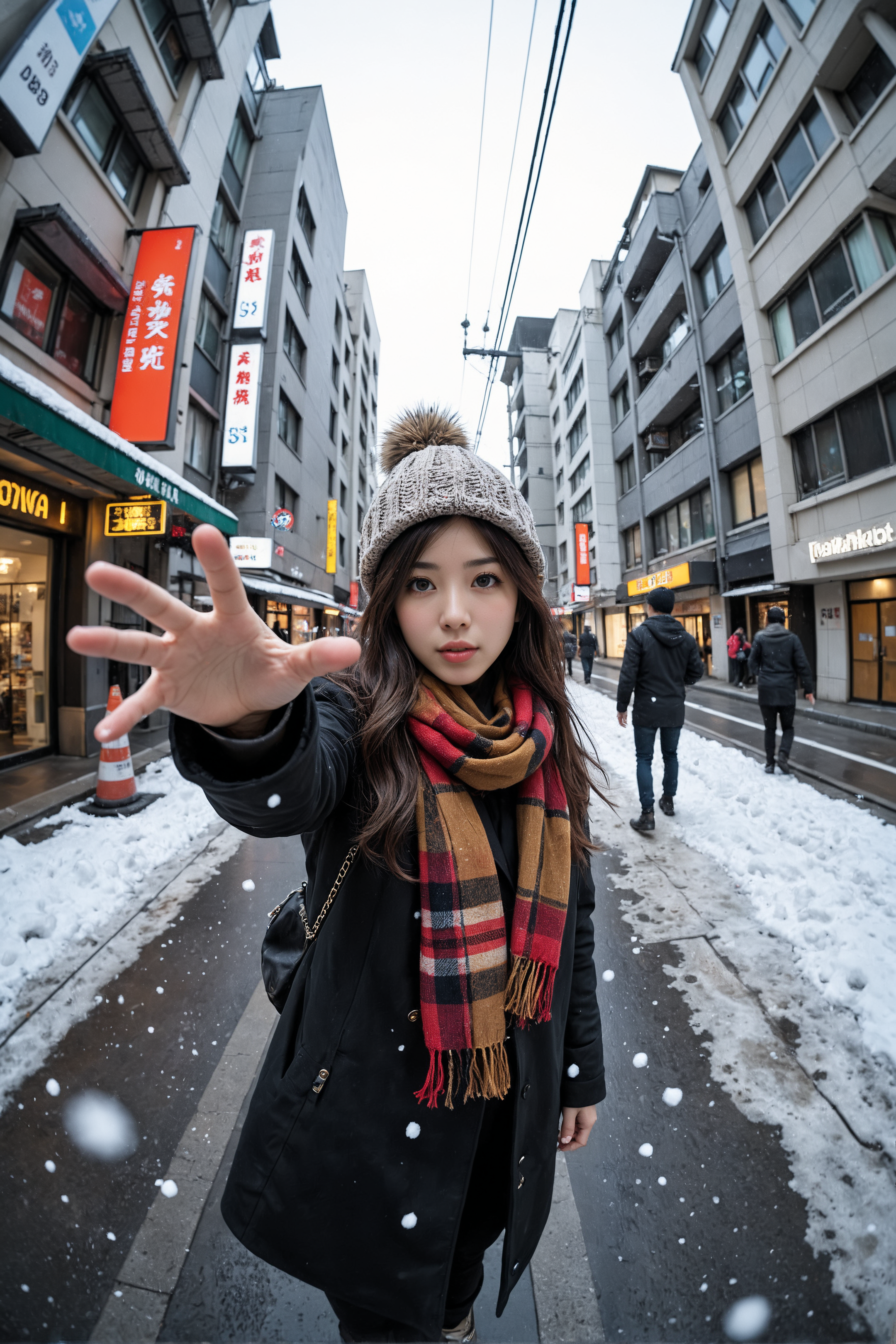 1girl,Exaggerated perspective , ultra wide shot,reaching out hand,foreshortening, on the tokyo street, realistic, highres, female focus, solo,snowy day, scarf, hat, flying snow,fish-eye len,fish eye angle