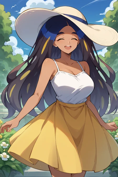 score_9, score_8_up, score_7_up, score_6_up, source_anime, BREAK 1girl <lora:geeta-pdxl-nvwls-v1-000006:1> geeta, multicolored hair, sun hat, white camisole, yellow skirt, garden, closed eyes, happy, open mouth, mature female