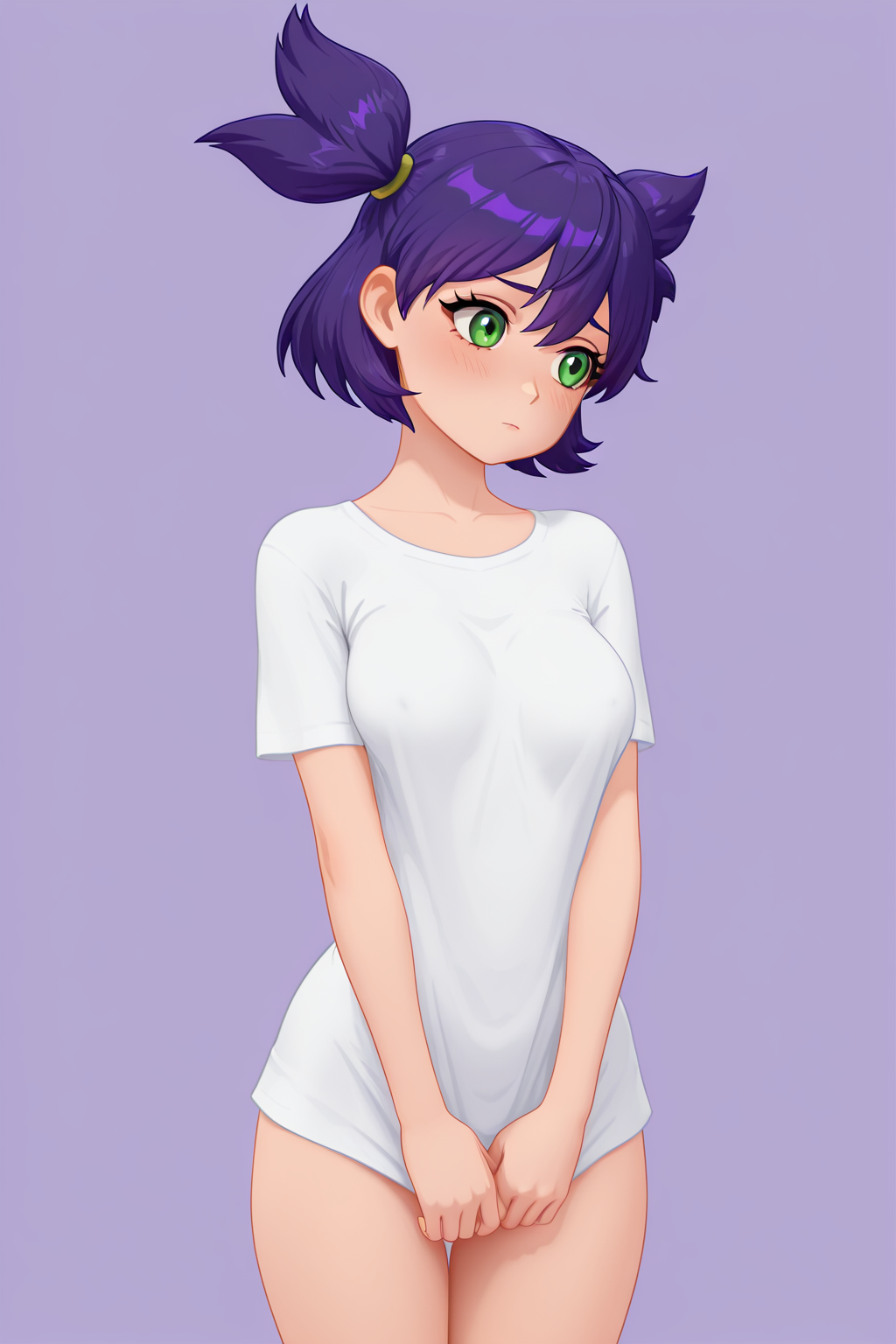RIIIILF, BTBF, G3NSHIN, 3D, FLenaF, purple hair, green eyes, two ponytails, 1girl, solo, simple background, soft, smooth, very aesthetic, masterpiece, best quality, amazing quality, 8k, ultra-HD, high detail