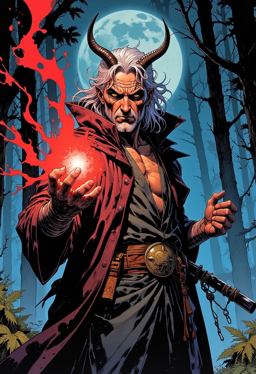 comic book style, 
Intricate Detailed line tattoos on his face, beard, mature, powerful, 
A mature wizard wearing long robes with a hood. He is in a fighting pose, casting a spell. Red energy swirls around his hand as he prepares to fight
(forehead eye)
White right eye, (heterochromia:1.7),  yellow right eye, 
 solo, long hair, looking at viewer, 1boy, white hair, male focus, open clothes, long curved horns, facial hair, abs, beard, in a forest at night. Moonlight lighting up the frame
Full body,
