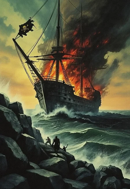 A dramatic, high-resolution fantasy illustration capturing the final desperate stand of a battered pirate galleon, locked in combat beneath a surreal, storm-split sky. The once-proud ship creaks against roaring waves and cannon fire, its sails torn, hull scorched, and rigging aflame. Armored corsairs, their coats soaked in blood and seawater, man the blazing deck with fierce resolve — firing pistols, swinging cutlasses, shouting defiance into the chaos.
At the prow, the captain stands defiant, coat shredded by wind and fire, hair whipping around a face carved by war. With a raised sabre and burning eyes, he signals one final charge as golden cannon fire lights the sea like dying stars. A tattered pirate flag flaps violently above, catching what little light breaks through smoke-drenched skies, casting dramatic shadows across the wounded deck.
Fire and salt spray mix with glowing embers and spectral mist, while the sea boils beneath them, littered with wreckage and fallen comrades. The atmosphere is thick with romanticized warfare, heroic desperation, and the surreal poetry of doomed resistance. Directional light from the setting sun strikes angled clouds and smoke plumes, creating cinematic highlights and sharp color contrast.A timeless masterwork of dynamic composition, epic scale, intricate textures, and brilliant lighting. Inspired by Frank Frazetta, Howard Pyle, and Jakub Rozalski. Best quality, emotionally charged, absolutely eye-catching, and unforgettable.