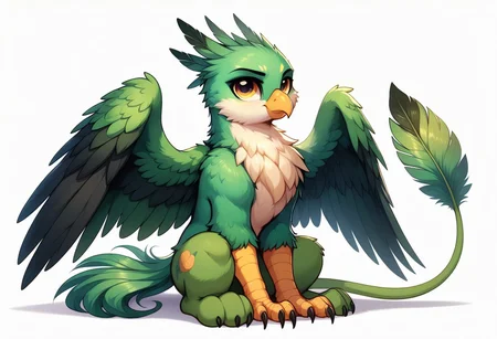 score_9, score_8_up, score_7_up, score_6_up, griffon, megafeatherypony, original character, Wenge body color by code ((5D5B54)), Dollar Bill Green feather bangs color by code ((87BA59)), eye color Persian Orange ((D08E51)), griffon, my little pony, male, tail with a dawn colored tassel ((A4A097)), the wings are folded behind the back, solo, white background, sitting, hind legs bent, Looks at the viewer