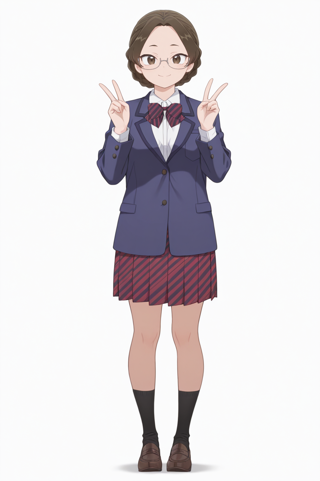 masterpiece, best quality, amazing quality, 1girl, k4t0um1kun1, short hair, brown hair, braid, brown eyes, glasses, school uniform, striped bowtie, blue jacket, white shirt, red skirt, black socks, brown_shoes, aesthetic, white_background, looking_at_viewer, smile, standing, double v