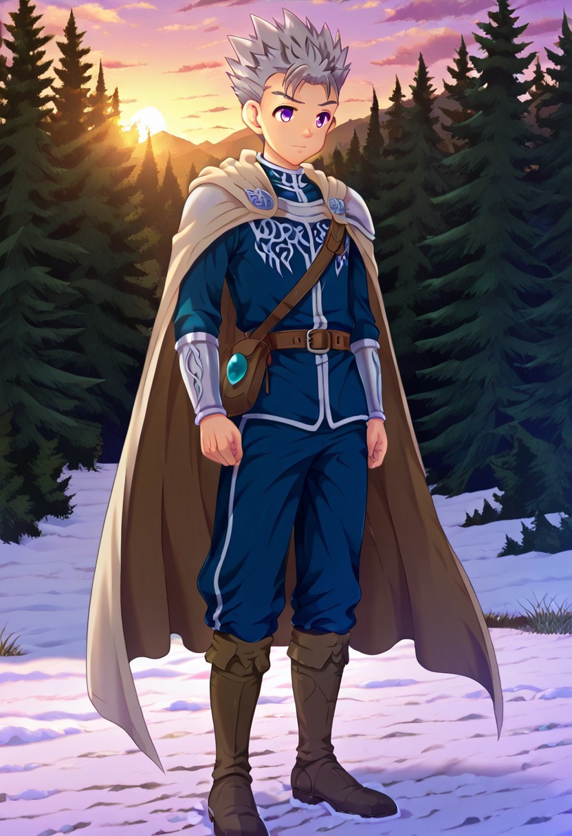 shizuki_takeyo, grey hair, light purple eyes, short hair, spiked hair, 1boy, solo, male focus, wearing intricate Scandinavian royal medieval outfit, noble and elegant, long cloak with silver embroidery, leather belts and armor accents, standing in a misty Nordic forest, soft snow on the ground, twilight sky, ancient runestones nearby, cinematic lighting, detailed background, fantasy style, high quality,