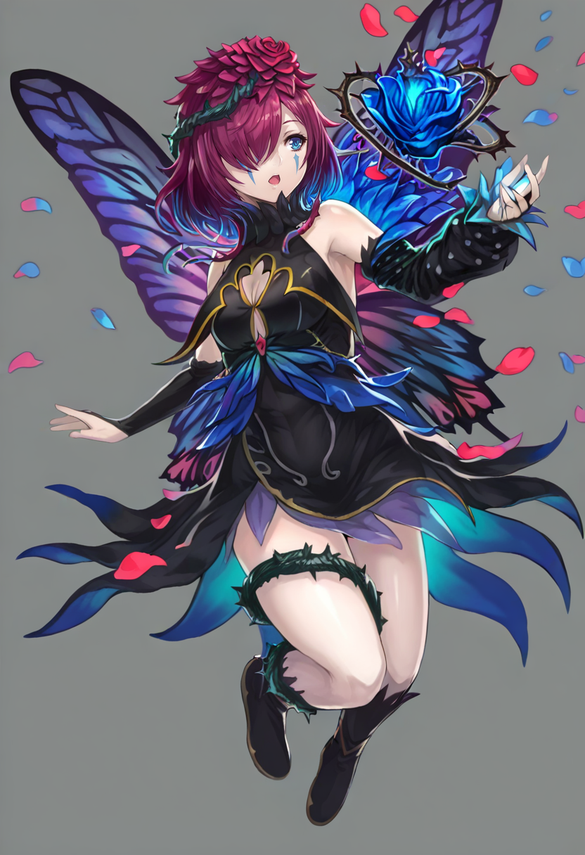 1girl, thorns, wings, fairy wings, solo, hair over one eye, boots, dress, petals, purple hair, butterfly wings, breasts, blue eyes, grey background, bare shoulders, open mouth, simple background, full body, black dress, black footwear, vines, flower, facial mark, sleeveless, short hair, cleavage, bridal gauntlets, clothing cutout, gradient clothes, bangs, rose, plant <lora:yoshikuXL_NBVP1_lokr_V6311P:0.95>