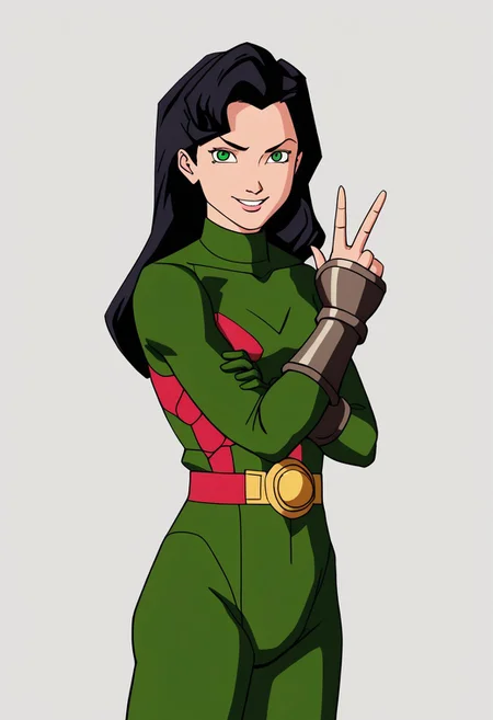 1girl, female focus, solo, Caitlin, black hair, long hair, green eyes, small breasts, turtleneck, Power Pack uniform, asymmetrical clothes, print bodysuit, green bodysuit, black bodysuit, bracers, metal bracers, belt, cowboy shot, looking at viewer, smile, v, rating_safe, simple background, white background