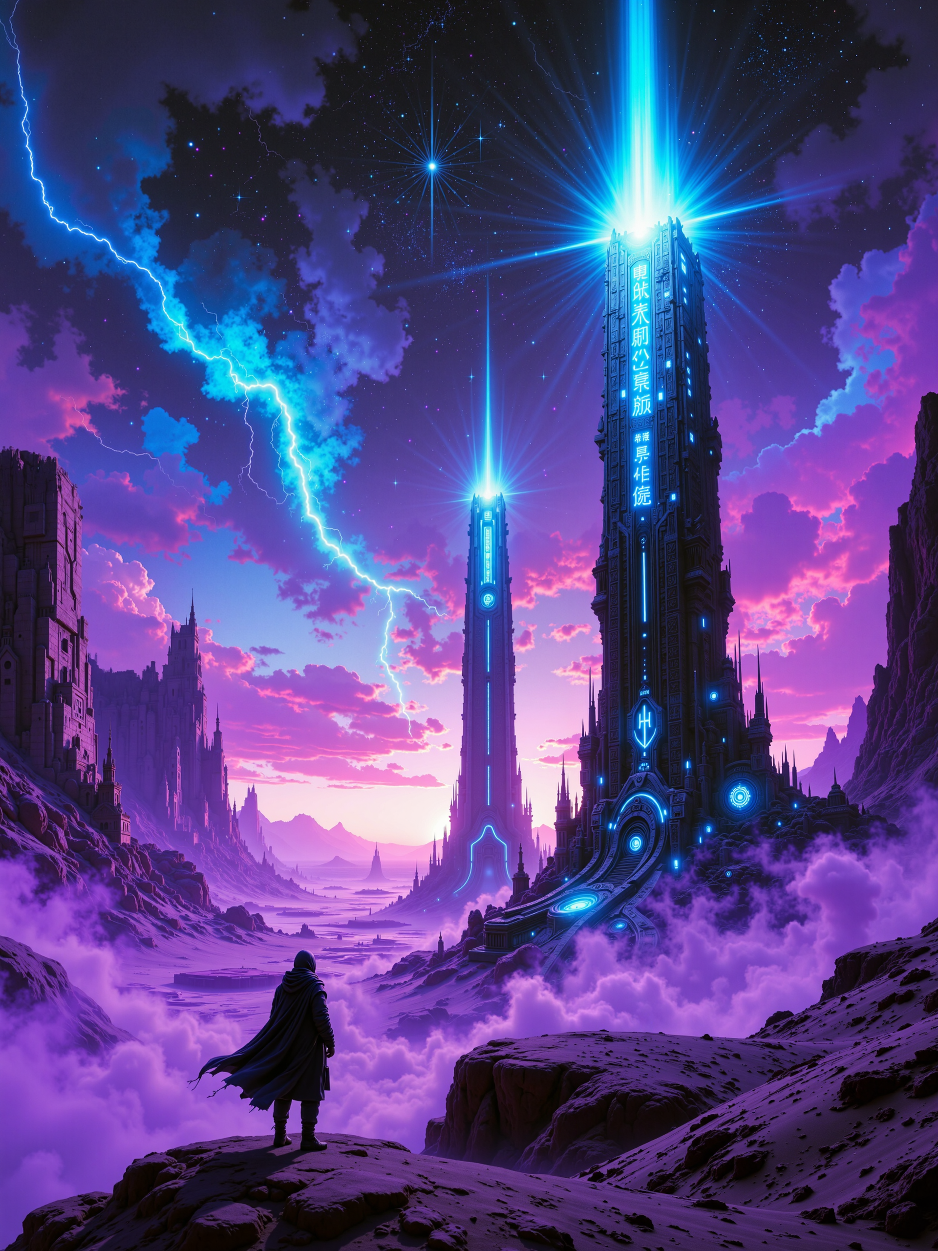 ultra-high-resolution cinematic film still, highest aesthetic quality, ultra-detailed, hyper-realistic, uhd, 8k, 4k,science fiction, cinematic sci-fi film still, ultra-detailed and photorealistic, an endless alien desert of deep purple sand stretches toward the horizon, vast dunes sculpted by unseen winds, at its heart, towering black obelisks of impossible height rise into the stormy sky, their surfaces covered in intricate, glowing inscriptions that pulse and flicker with eerie energy, the mindbending geometric design of the structures hints at an ancient, forgotten intelligence beyond human comprehension. in the foreground, a lone traveler stands at the base of the nearest monolith, his silhouette dwarfed by the immense scale of the structure, a tattered hooded cloak billows in the dry wind, dust swirling around him, his footprints already vanishing as the deep purple sand shifts, the traveler tilts gazes at the nearest structure, bathed in unearthly glowing energy, a mix of reverence and fear in his posture. the composition is a low-angle shot, emphasizing the towering grandeur of the obelisks and the insignificance of the lone figure, leading lines formed by the monoliths guide the viewer's eye into the vast expanse, additional obelisks barely visible in the hazy distance, their details softened by the atmospheric dust. the lighting is cinematic and moody, with a gradient sky going from a deep indigo to a light cyan sky in the distance, crackling with distant energy storms, faint auroras weaving through epic stormclouds, the alien inscriptions emit a cold, spectral glow, casting soft, moving light on the surrounding sand and the traveler, occasional flashes of lightning in the far distance illuminate even more forgotten structures beyond the horizon. photographed with a medium format digital camera, ultra-sharp details in the obelisks intricate carvings, soft depth of field adding cinematic realism, subtle chromatic aberration and lens flares enhancing the eerie glow of the inscriptions, the color palette is dominated by deep purple, shades of blue and obsidian black, evoking a haunting atmosphere of ancient power, mystery, and awe, ovg, artilands02, <lora:style-fantastic_landscapes-v2-flux-by_artifyai:0.84> <lora:image_enhancer-flux-by_dever:0.64>