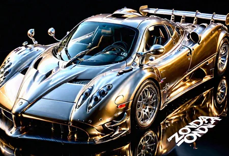 SILVER LIQUID METAL Pagani Zonda sports car, Races through GOLD LIQUID METAL , liquid metal sprays up from the cars tyres, Car drifting in a black void,  Painstaking Attention To Details, (wording above the car say's "ZONDA")