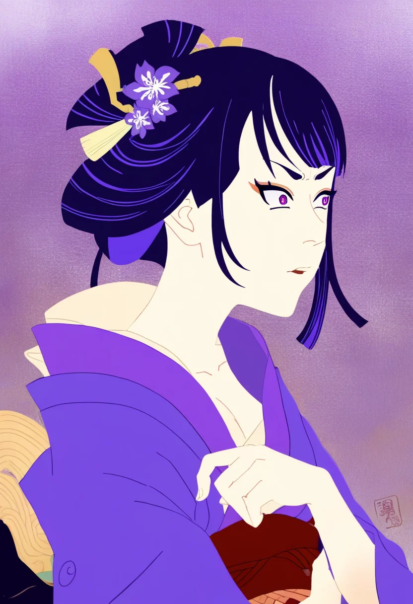 score_9, score_8_up, score_7_up, source_anime, perfect anatomy, ,upper body,from side,, solo,20yo, 1girl, kimono, raiden_shogun,long hiar, purple hair \(genshin imapct\),, , from side, , open eyes , sharaku, ukiyo-e, sharaku signature,senryo yakusha,dark background, simple background,, <lora:sharaku-01:1.1>