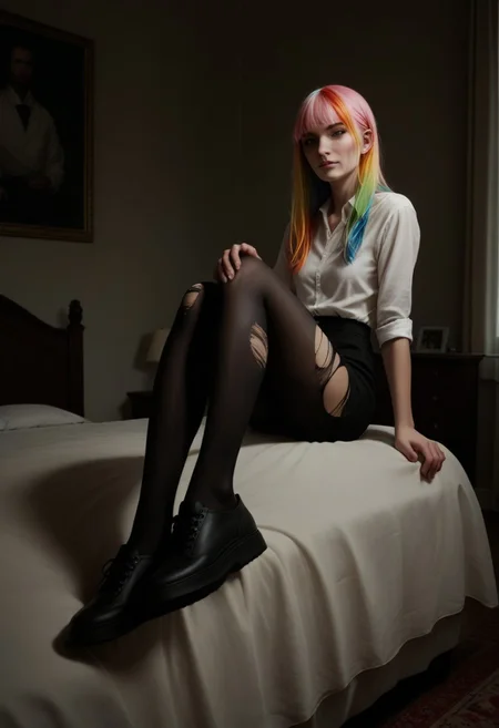 score_9, score_8_up, score_7_up, score_6_up, source_anime, masterpiece, newest,
Highly detailed, 1girl, slender, cute, sexy,big boobs, sitting, , long hair, opaque pantyhose, shoes, colorful hair, multicolored hair, white bro,black panty,realistic, long legs,bed room, ripped pantyhose
,Curve ass big size boobs