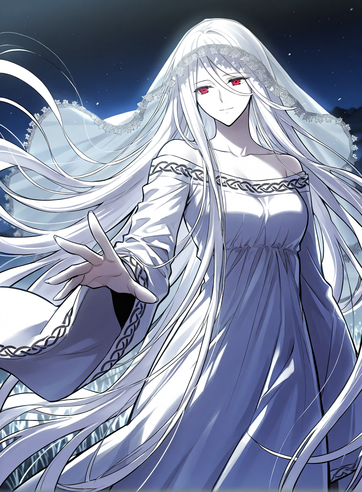 <lora:Yuridika__Doom_Breaker__Illustrious:1>
1 girl, red eyes, pale skin, hair between eyes, white hair, very long hair, bangs
white dress, veil, collarbone, wide sleeves, long sleeves, bare shoulders,
score_9, score_8_up, score_7_up, very aesthetic, source_anime, detailed, high quality, beautiful, masterpiece, detailed eyes, field, blurry background, pose dynamic angle, upper body, cowboy shot, light smile, looking back, reaching out, floating hair, night, silver moon